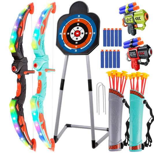 2 Bow and Arrow Sets with LED Light-up, 2 Foam Dart & Standing Target